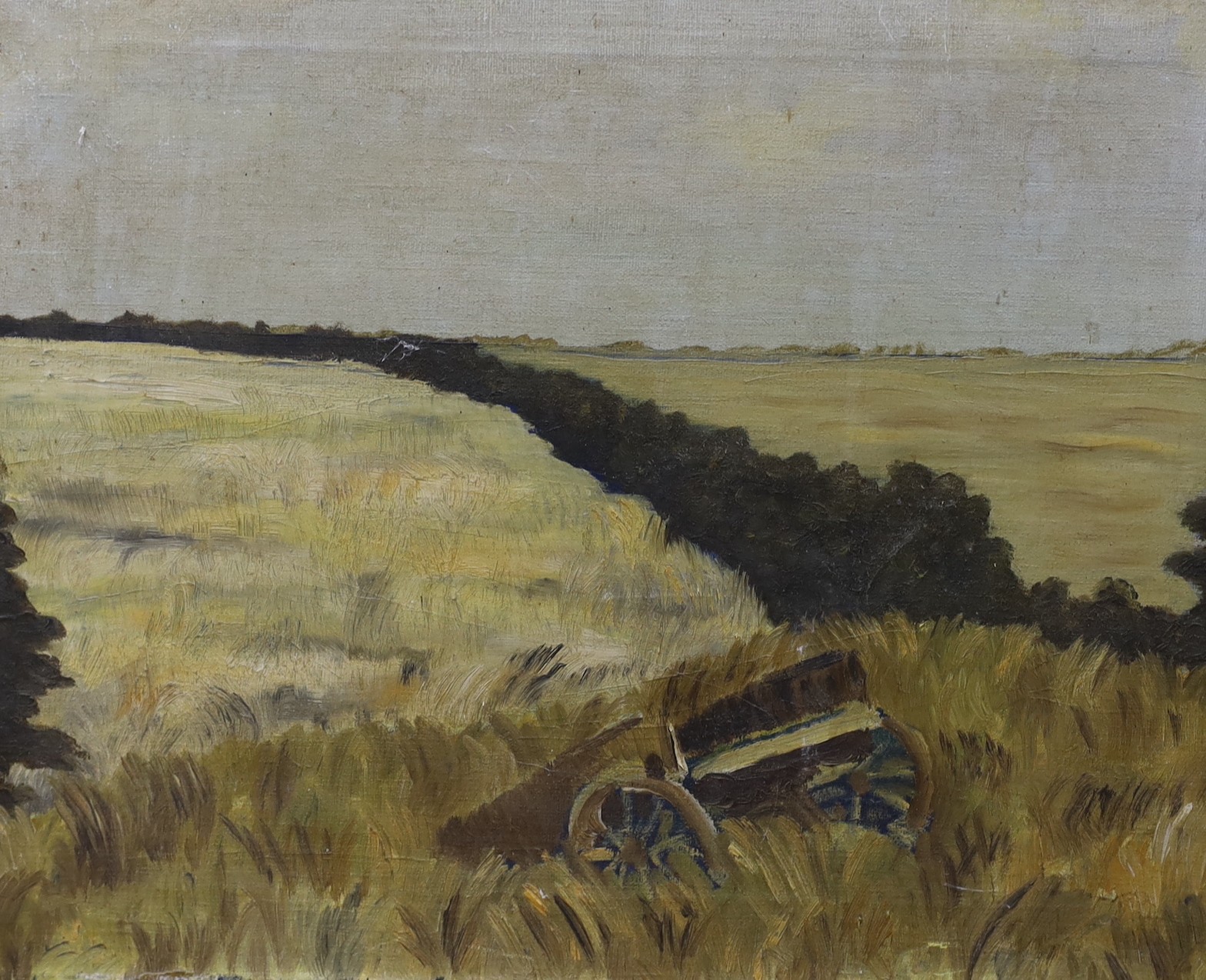 Graham Payn, oil on canvas, Cart in a hay field, 40 x 51cm and a Beach scene signed Cole and dated '54, 36 x 46cm, both unframed